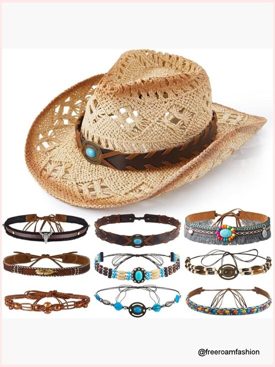 Straw Cowboy Hat for Women with 9 Replacement Hat Bands - Beige Western Cowgirl main image 6